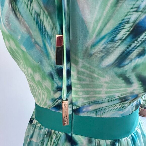 Marciano Teal Abstract Maxi Dress – Pleated Panel & Dual Front Slits, Size XS - Picture 4 of 6